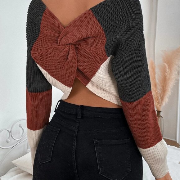 Off Shoulder Twist Back Colorblock  Crop Top Sweater Fall Autumn - Picture 4 of 9